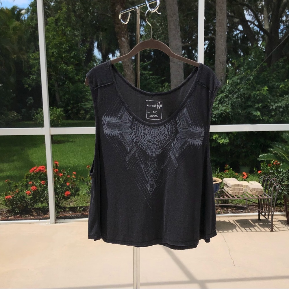 Free People Sleeveless Rayon/Linen Print Top - Charcoal Gray - Roomy Sz. S. EUC - Picture 9 of 9